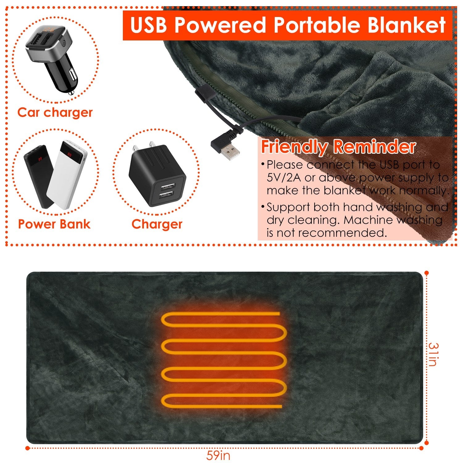 Heated Blanket Shawl with Electric Throw USB Powered Wearable Poncho with Zipper and Internal Pocket - Image 3