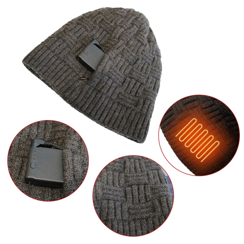 Heated Hat Rechargeable Battery Slouchy Knit Beanie Internal Heating Elements Stocking Cap - Image 1