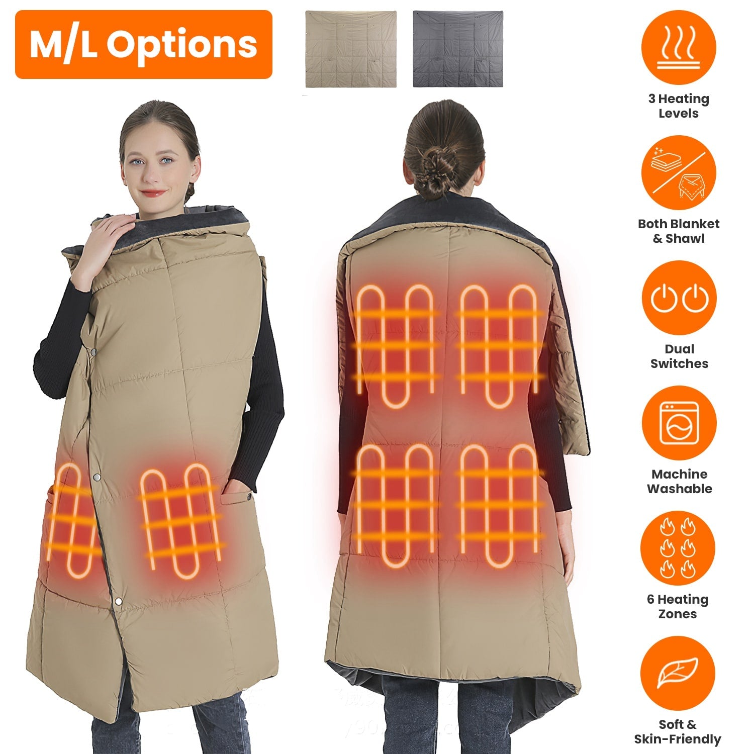 Heated Wearable Blanket with USB Control 6 Heating Zones Dual Switch and Zippered Arm Holes - Image 14