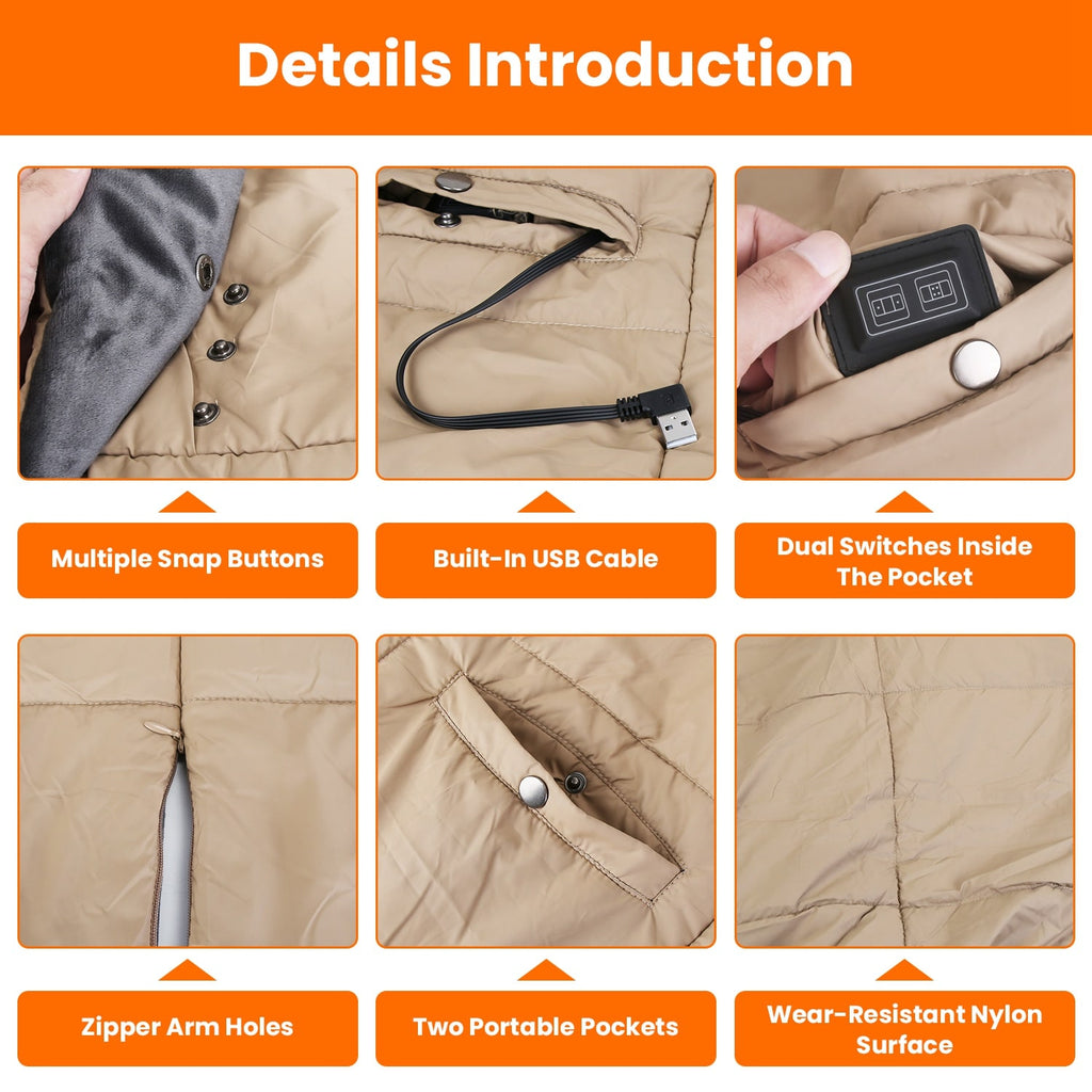 Heated Wearable Blanket with USB Control 6 Heating Zones Dual Switch and Zippered Arm Holes - Image 4