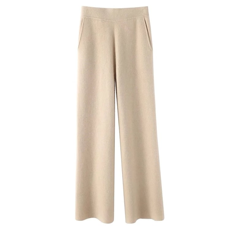 High Waisted Knit Pants Wide Leg Women's Casual Relaxed Fit Brushed Pockets - Image 1