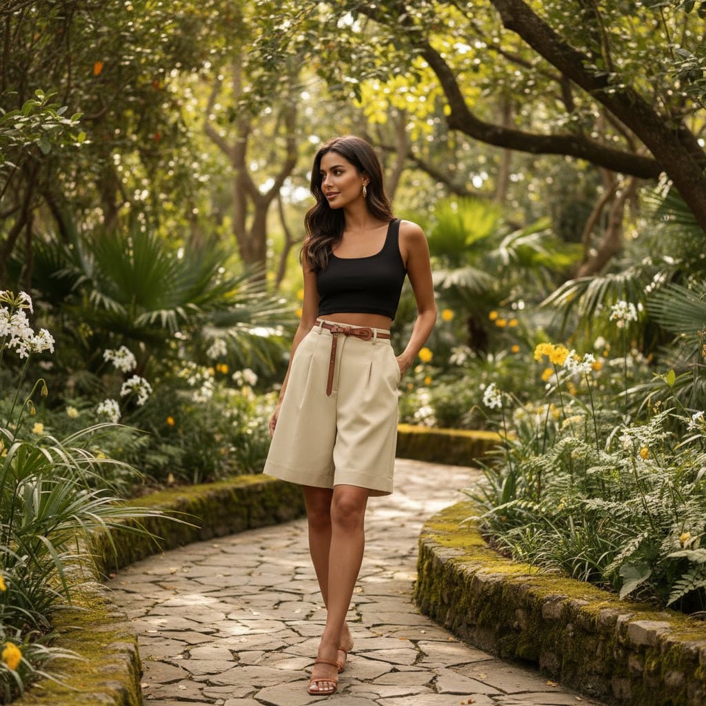 High Waisted Wide Leg Bermuda Shorts with Pleated Front and Knee Length - Image 1