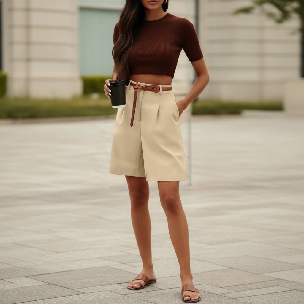 High Waisted Wide Leg Bermuda Shorts with Pleated Front and Knee Length - Image 2