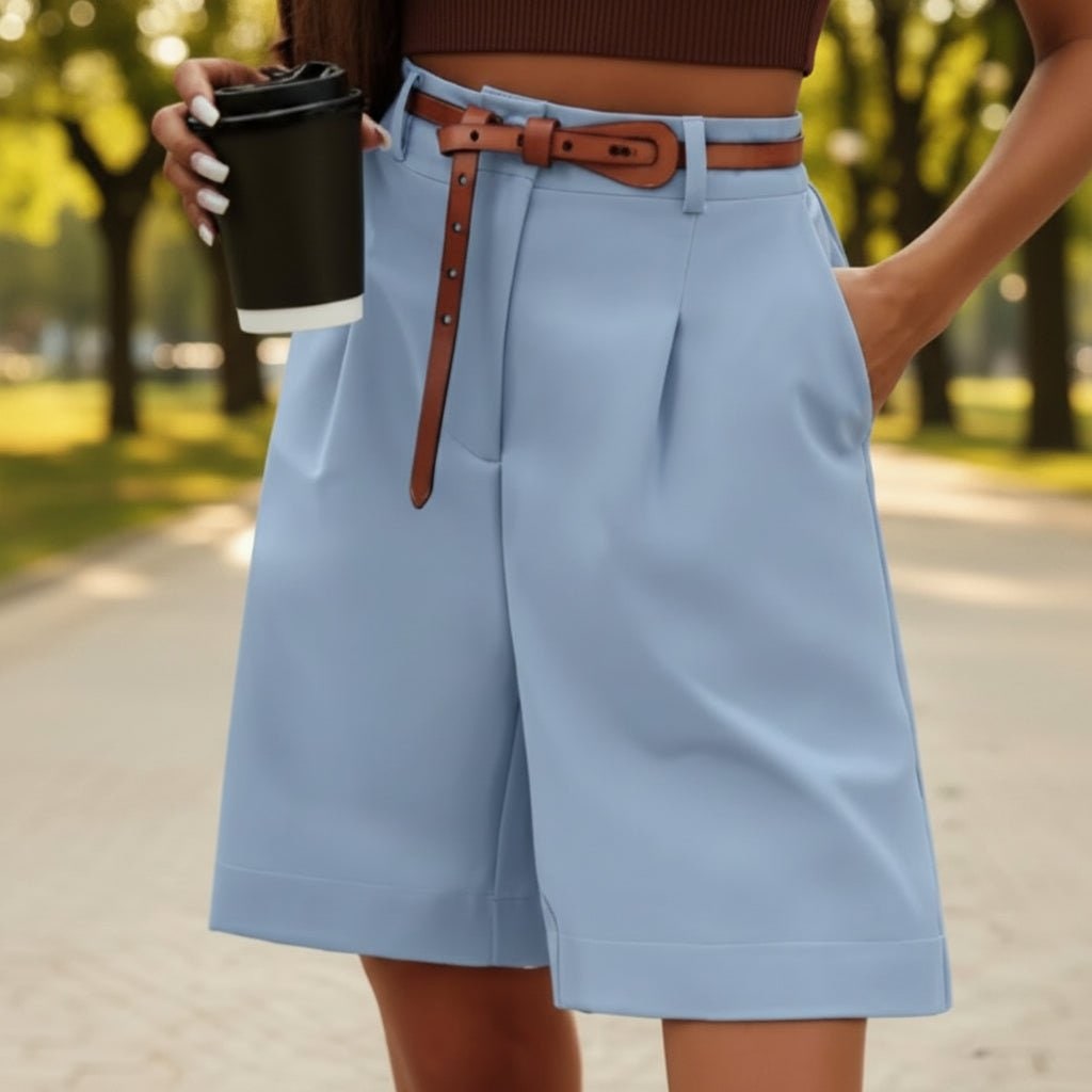 High Waisted Wide Leg Bermuda Shorts with Pleated Front and Knee Length - Image 3