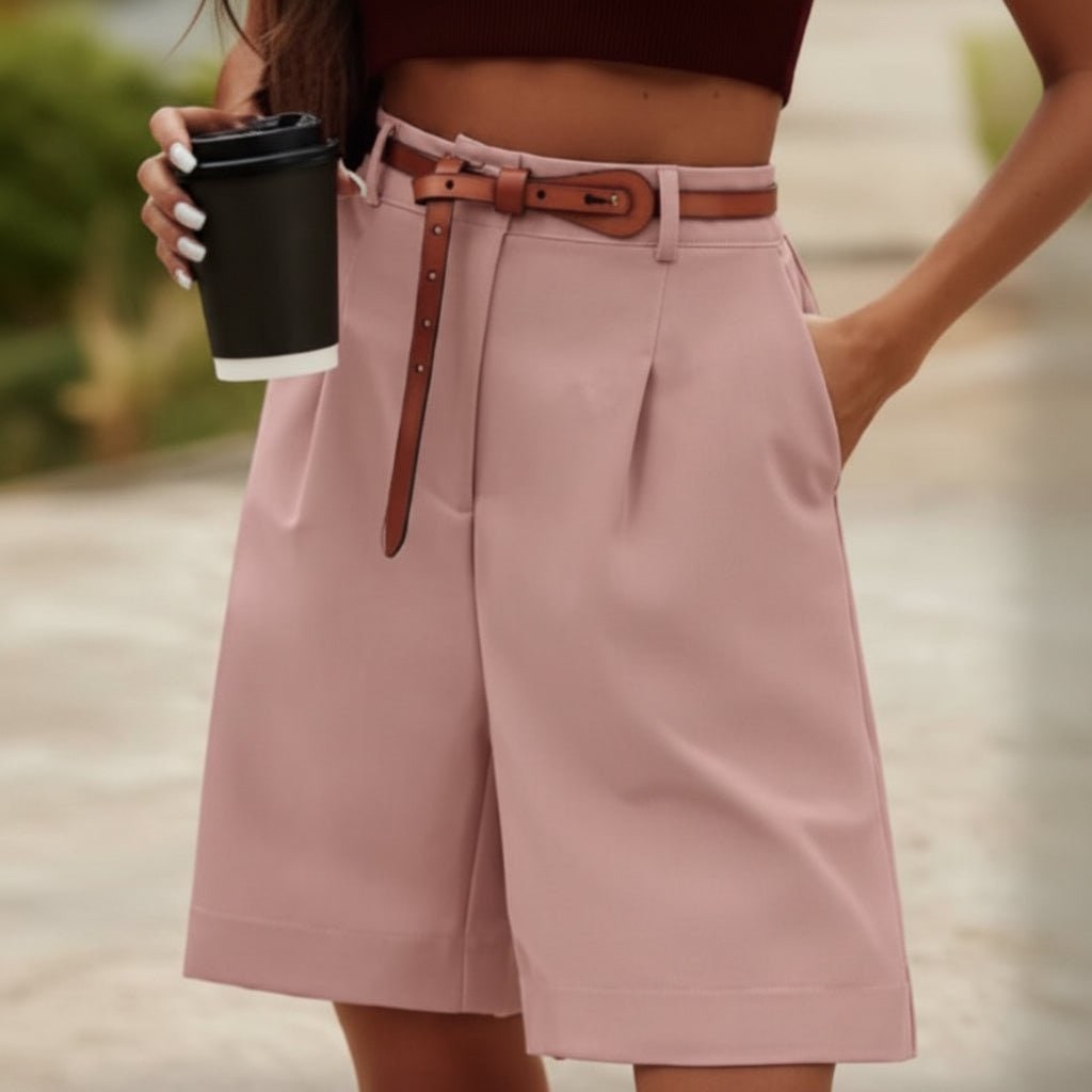 High Waisted Wide Leg Bermuda Shorts with Pleated Front and Knee Length - Image 4