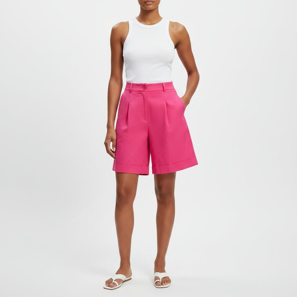 High Waisted Wide Leg Bermuda Shorts with Pleated Front and Knee Length - Image 5