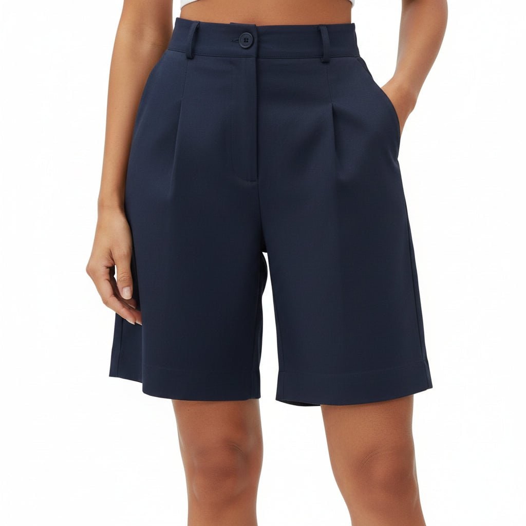 High Waisted Wide Leg Bermuda Shorts with Pleated Front and Knee Length - Image 7