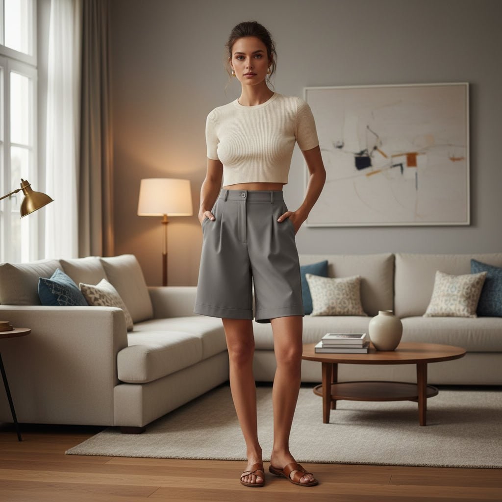 High Waisted Wide Leg Bermuda Shorts with Pleated Front and Knee Length - Image 8