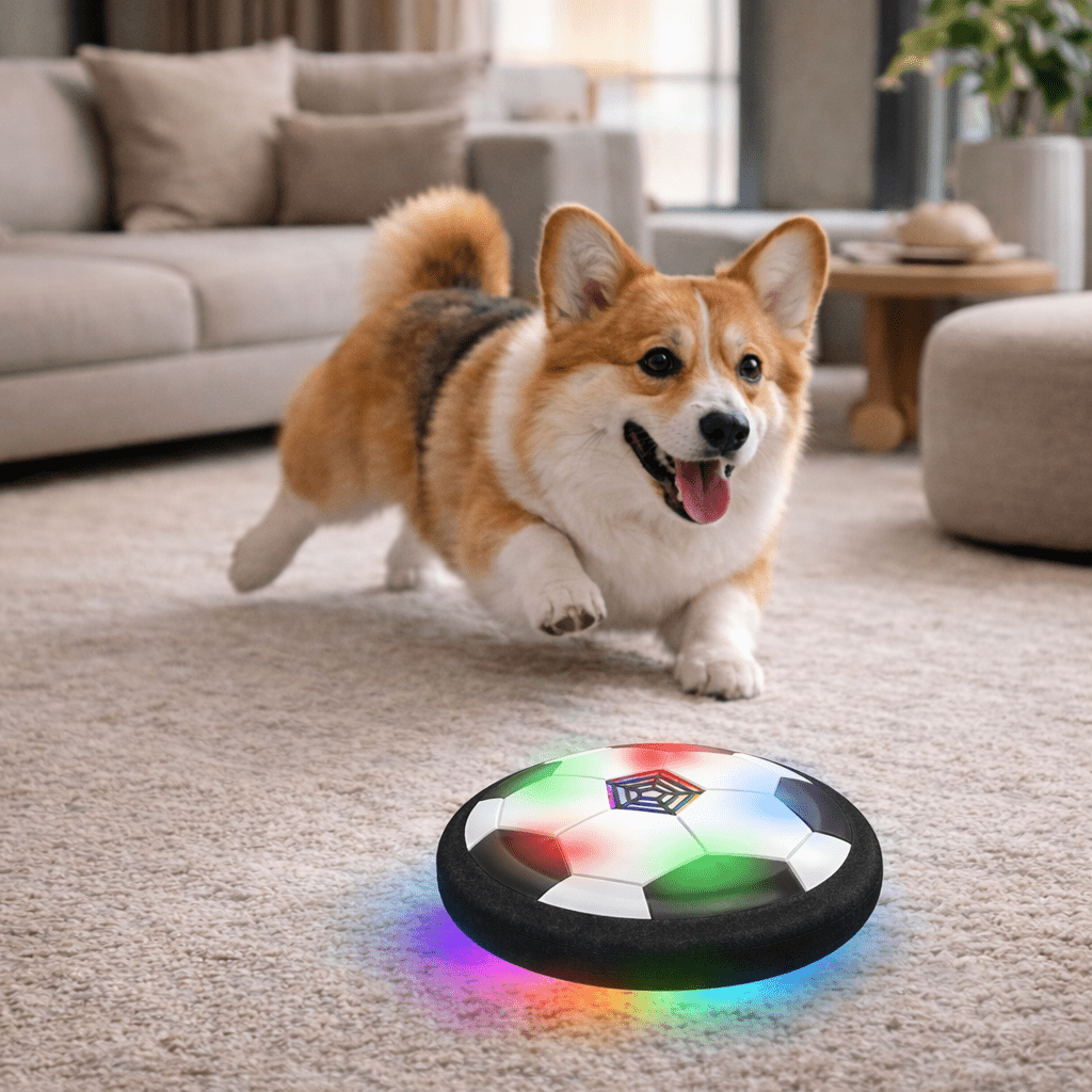 Hover Soccer Ball Size 5 with LED Lights Foam Bumper and Black White Match Design for Dogs - Image 1