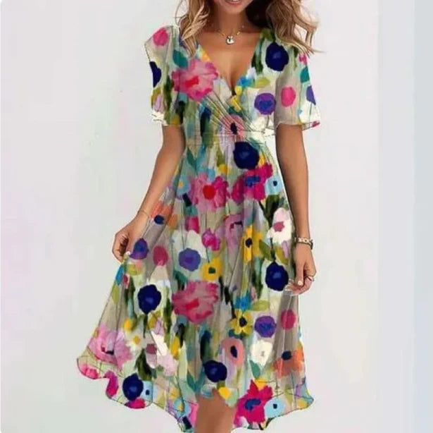 Women’s Midi Summer Dress with V-Neck – Lightweight Short Sleeve Dress for Holidays, Casual Wear and Everyday Style