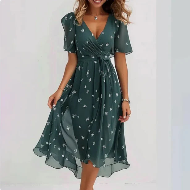 Women’s Midi Summer Dress with V-Neck – Lightweight Short Sleeve Dress for Holidays, Casual Wear and Everyday Style