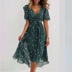 Women’s Midi Summer Dress with V-Neck – Lightweight Short Sleeve Dress for Holidays, Casual Wear and Everyday Style