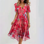 Women’s Midi Summer Dress with V-Neck – Lightweight Short Sleeve Dress for Holidays, Casual Wear and Everyday Style