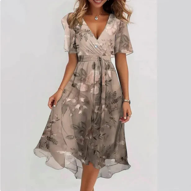Women’s Midi Summer Dress with V-Neck – Lightweight Short Sleeve Dress for Holidays, Casual Wear and Everyday Style