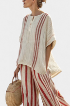 Mirella | Elegant Textured Red-Striped Blouse & Linen Trousers