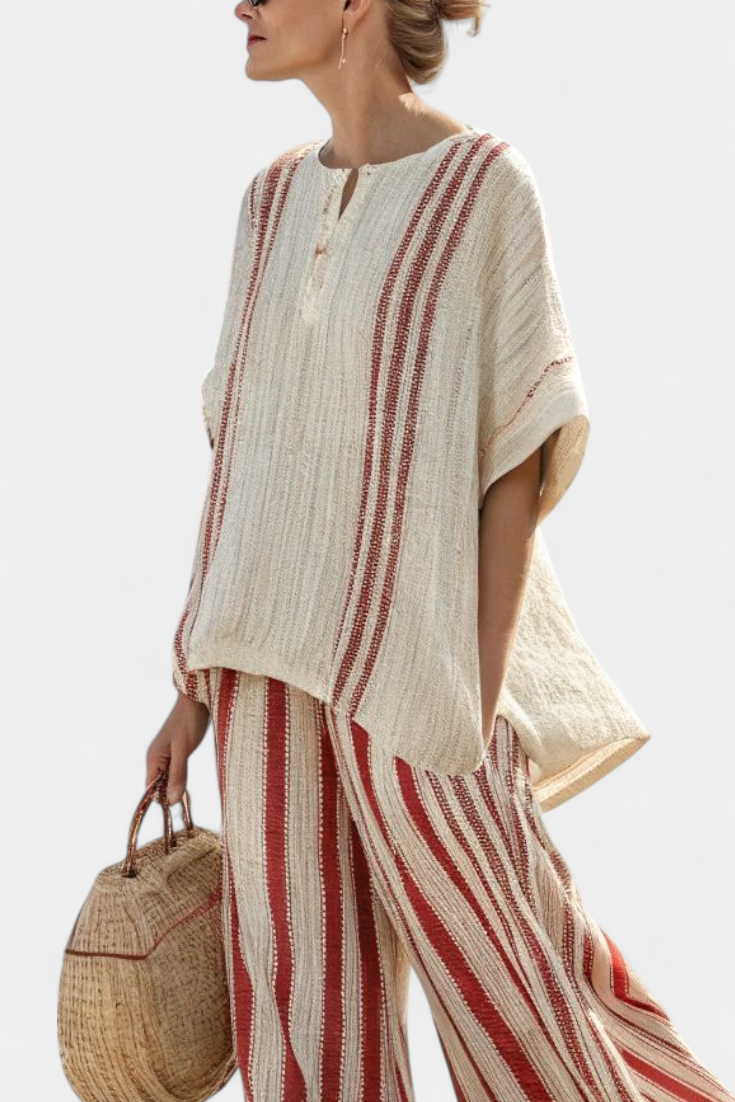 Mirella | Elegant Textured Red-Striped Blouse & Linen Trousers