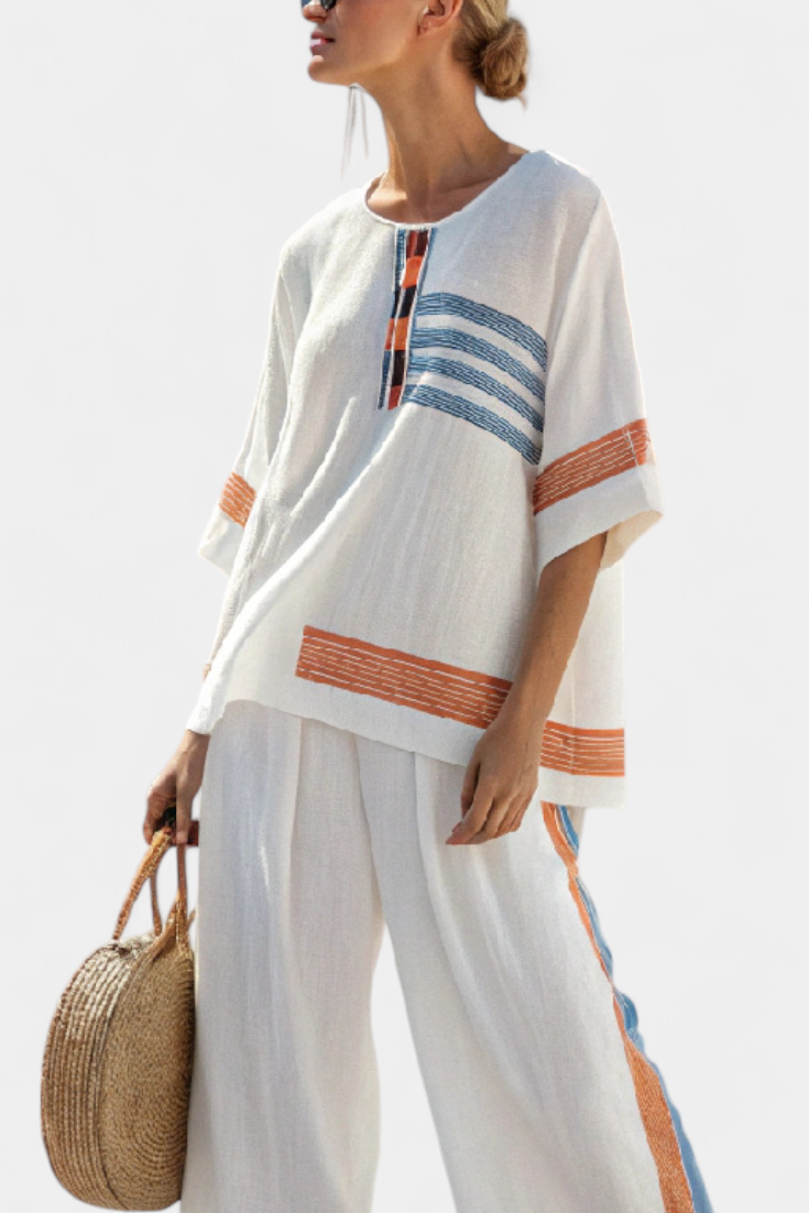 Marcellin | Elegant Blue and Orange Striped Top with Matching Pants