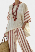 Braelith | Chic Rustic Striped Blouse & Cream Linen Trousers