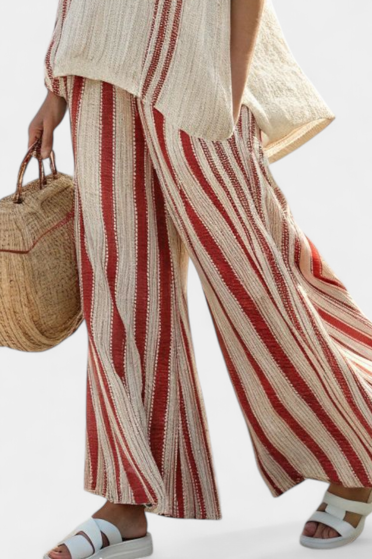 Mirella | Elegant Textured Red-Striped Blouse & Linen Trousers