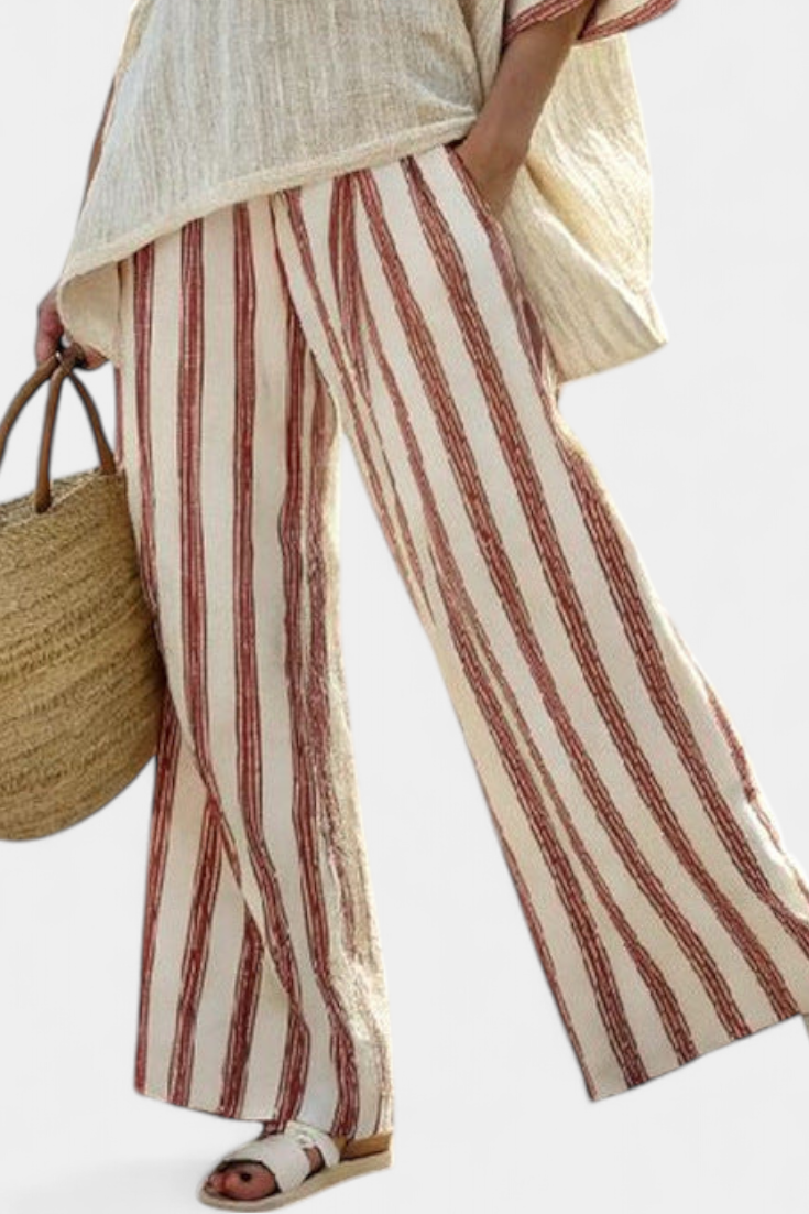 Braelith | Chic Rustic Striped Blouse & Cream Linen Trousers