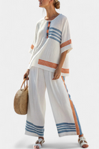 Marcellin | Elegant Blue and Orange Striped Top with Matching Pants