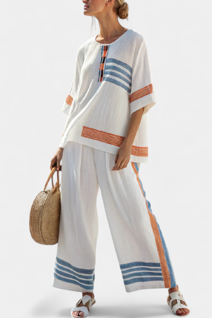 Marcellin | Elegant Blue and Orange Striped Top with Matching Pants