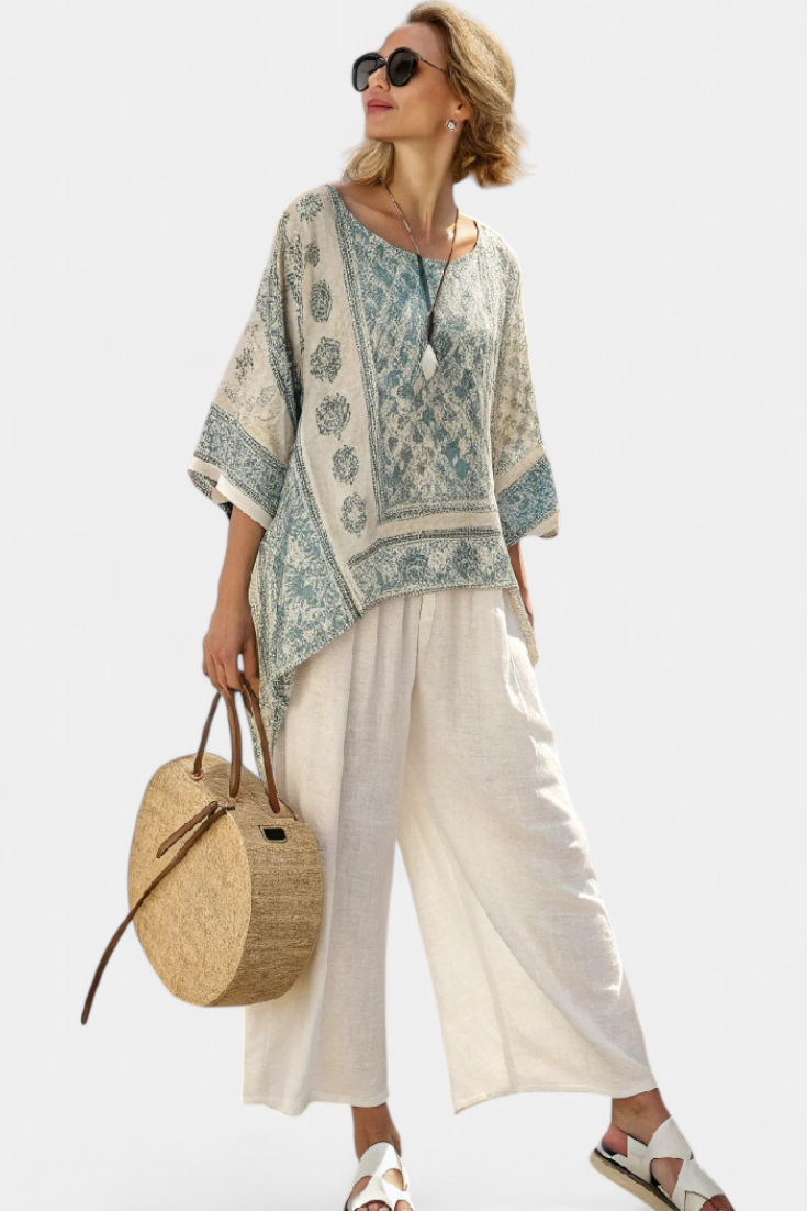 Quinley | Stylish Printed Blouse with Relaxed Wide-Leg White Trousers