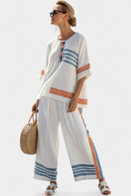 Marcellin | Elegant Blue and Orange Striped Top with Matching Pants