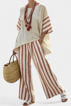 Braelith | Chic Rustic Striped Blouse & Cream Linen Trousers