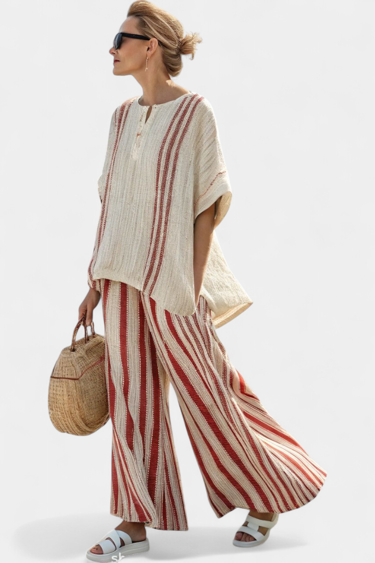 Mirella | Elegant Textured Red-Striped Blouse & Linen Trousers