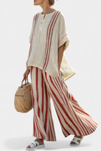Mirella | Elegant Textured Red-Striped Blouse & Linen Trousers