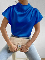 High Neck Satin Blouse with Short Sleeves
