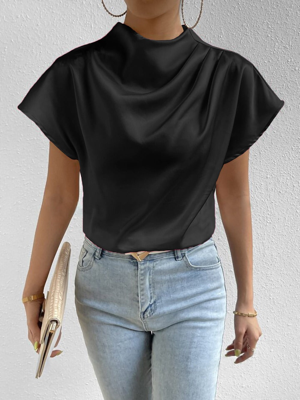 High Neck Satin Blouse with Short Sleeves