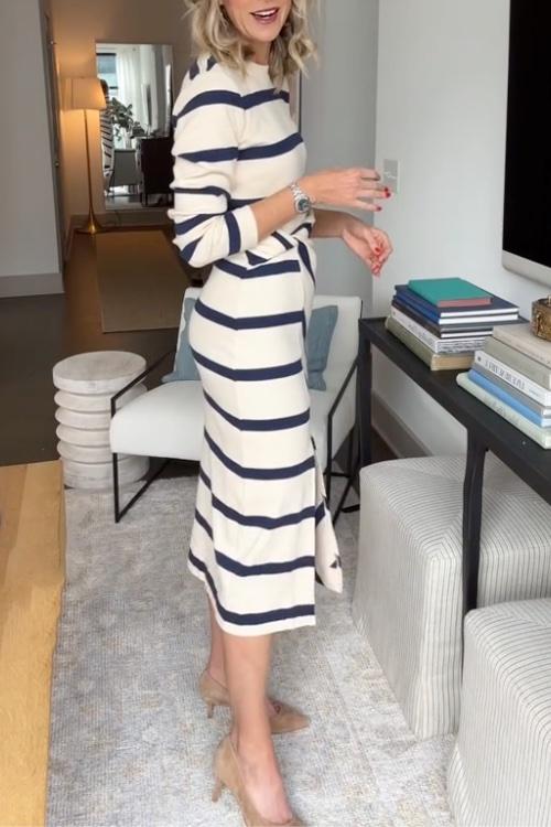 Chic Striped Midi Dress for Women – Elegant Everyday Dress for Work, Casual Wear and Smart Occasions