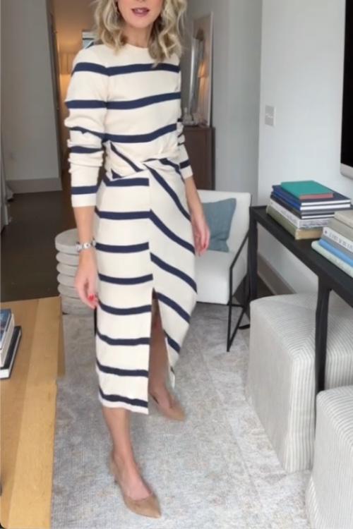 Chic Striped Midi Dress for Women – Elegant Everyday Dress for Work, Casual Wear and Smart Occasions