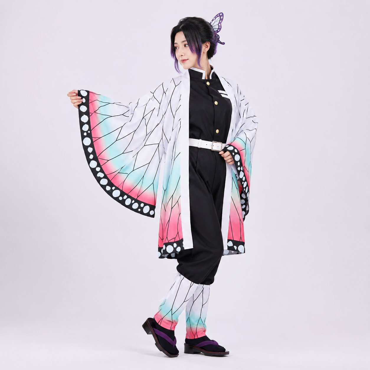 Kids' Halloween Anime Cosplay Costume Outfit with Butterfly Kimono Coat and Accessories Five-Piece Set - Image 2