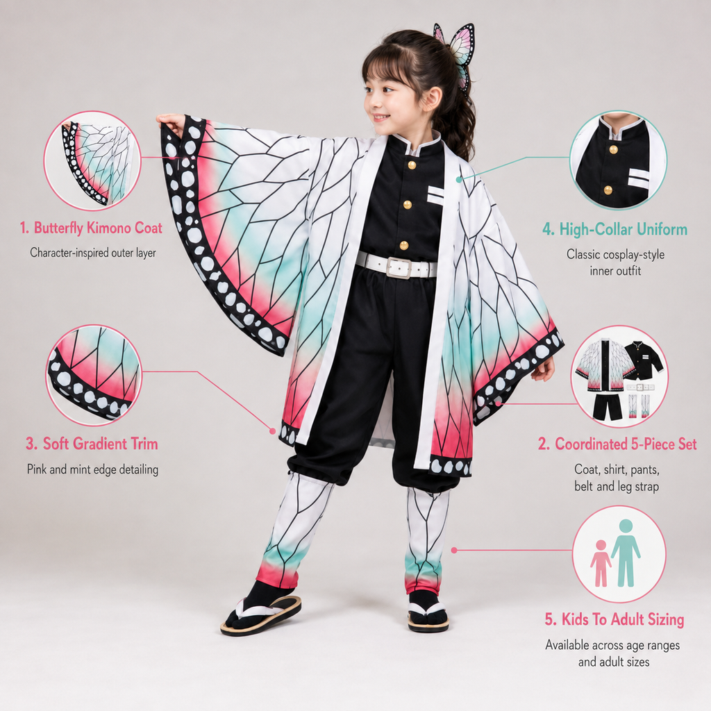 Kids' Halloween Anime Cosplay Costume Outfit with Butterfly Kimono Coat and Accessories Five-Piece Set - Image 4