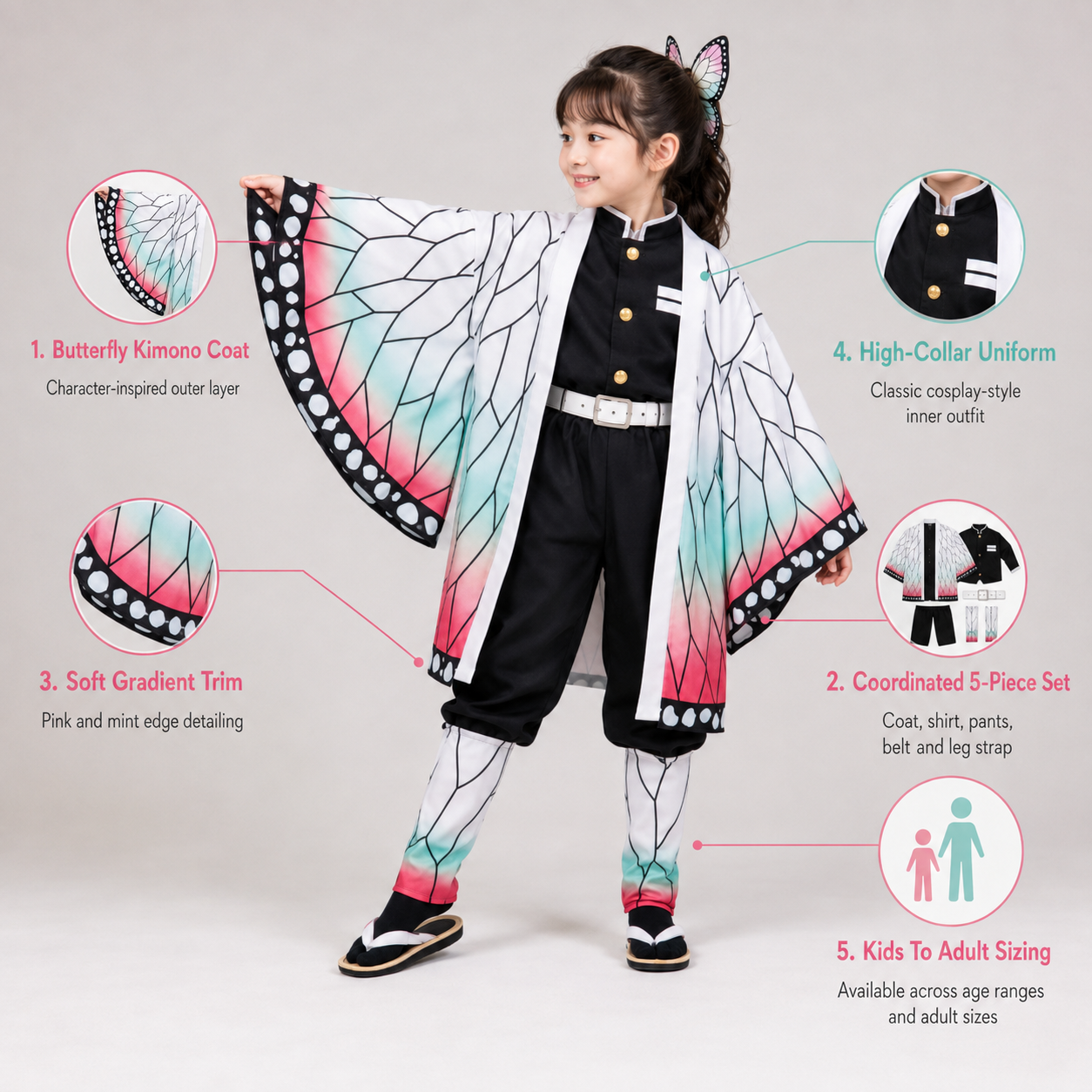 Kids' Halloween Anime Cosplay Costume Outfit with Butterfly Kimono Coat and Accessories Five-Piece Set - Image 4