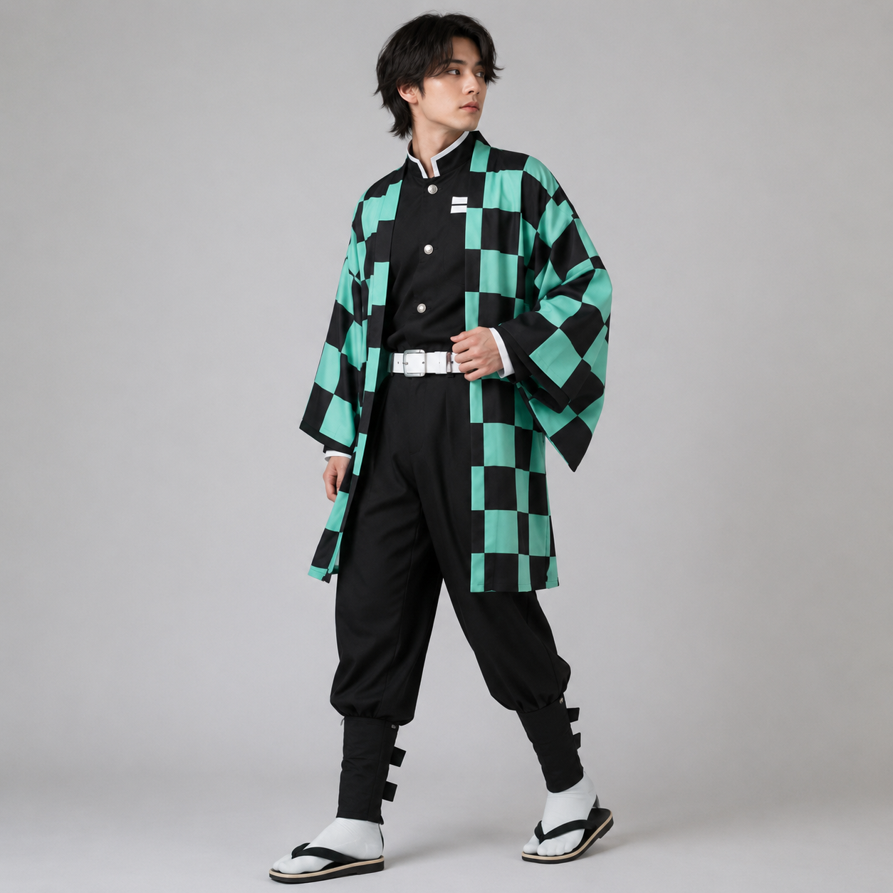 Kids' Halloween Anime Cosplay Costume with Checkered Haori Jacket and Character Accessories - Image 1