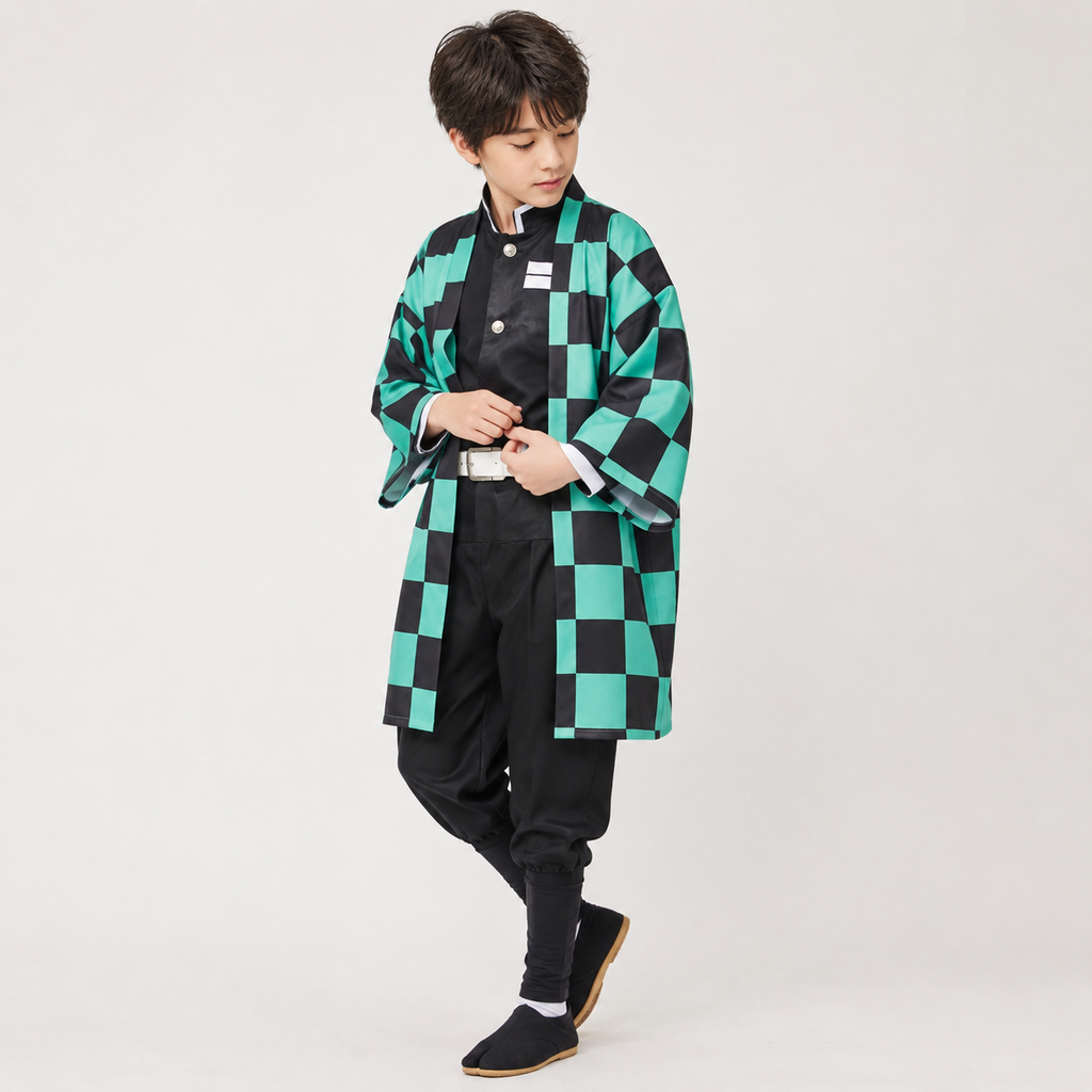 Kids' Halloween Anime Cosplay Costume with Checkered Haori Jacket and Character Accessories - Image 2