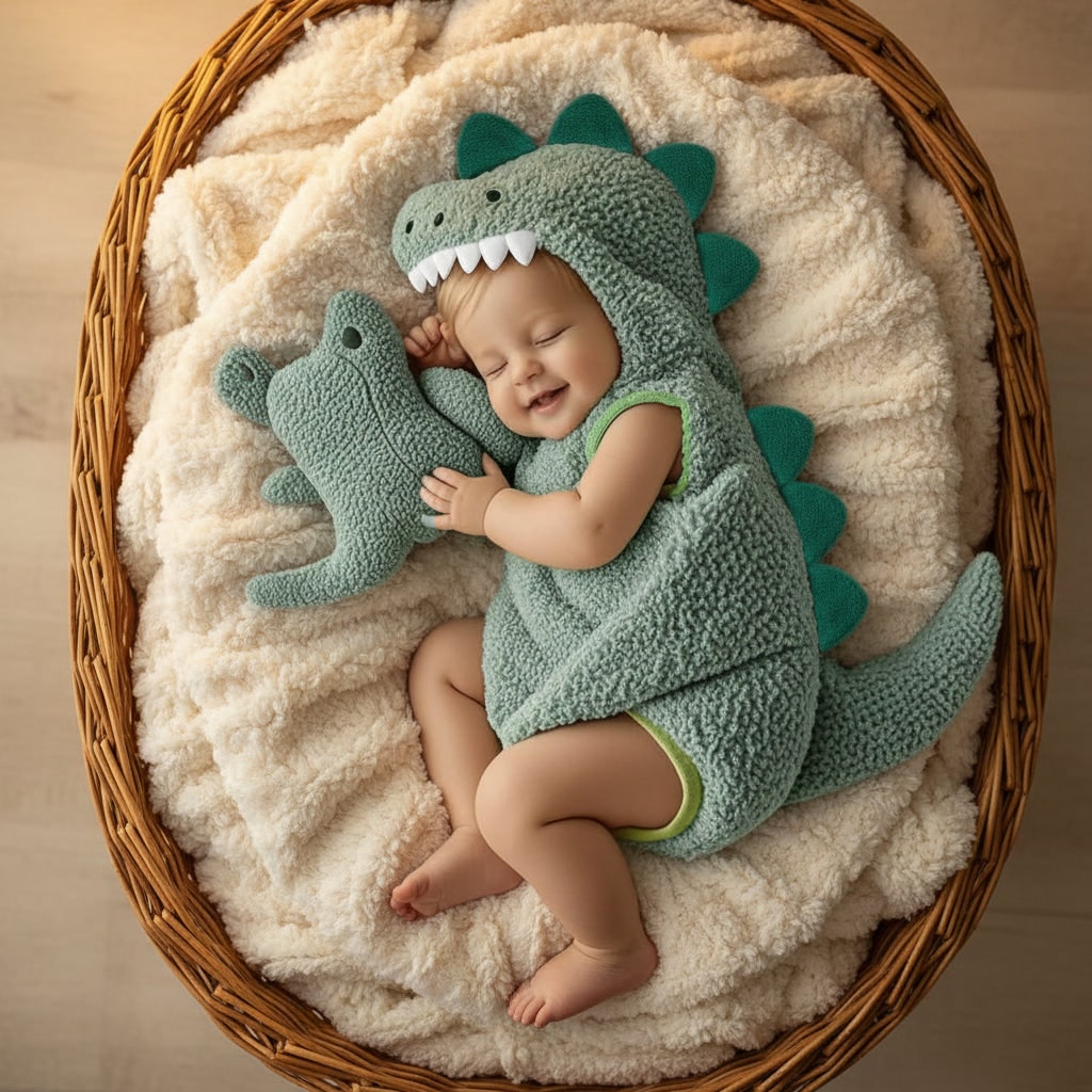 Kids' Halloween Baby Dinosaur Costume Hooded Romper with Sherpa Fleece and Spikes for Infant Party - Image 1