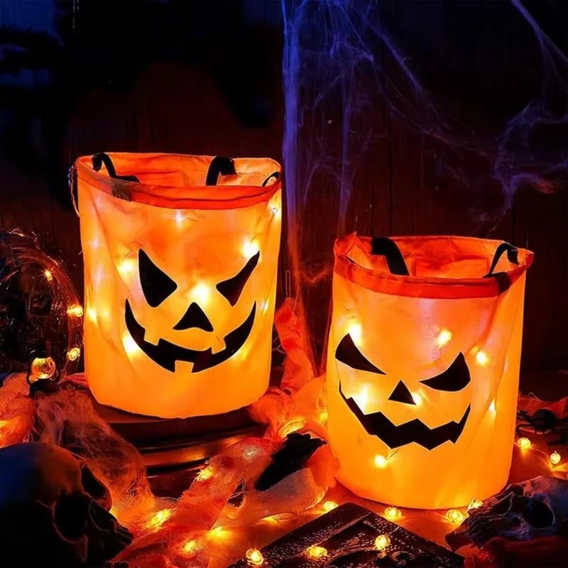Kids' Halloween Candy Bag and Bucket with LED Light-Up Jack-O-Lantern Face for Trick or Treat - Image 3