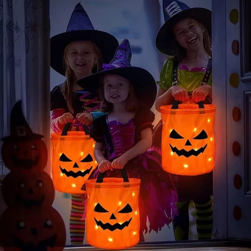 Kids' Halloween Candy Bag and Bucket with LED Light-Up Jack-O-Lantern Face for Trick or Treat - Image 4