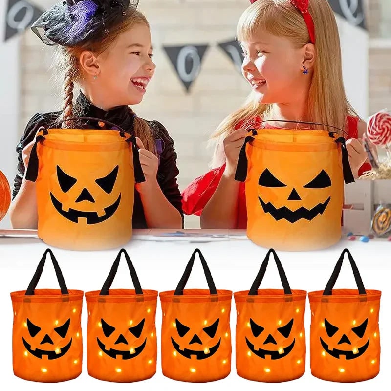 Kids' Halloween Candy Bucket and Bags with LED Light-Up Jack-O'-Lantern Pumpkin Trick or Treat Pail - Image 1