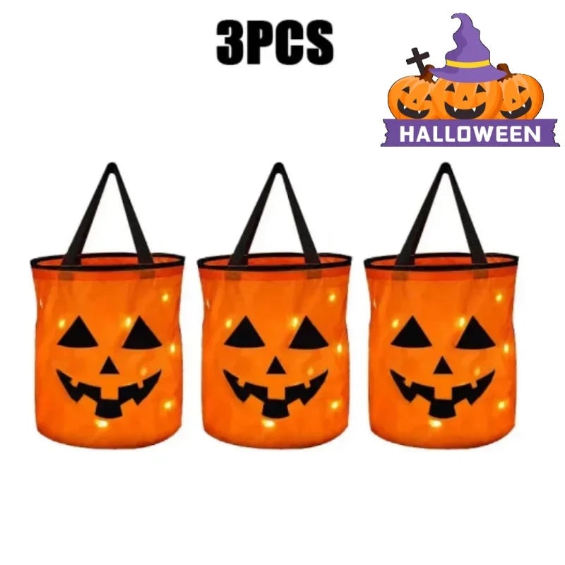 Kids' Halloween Candy Bucket and Bags with LED Light-Up Jack-O'-Lantern Pumpkin Trick or Treat Pail - Image 9