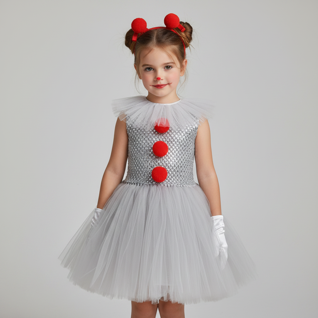 Kids' Halloween Clown Costume and Outfit with Tutu Dress Pom-Poms Collar and Gloves for Party - Image 1