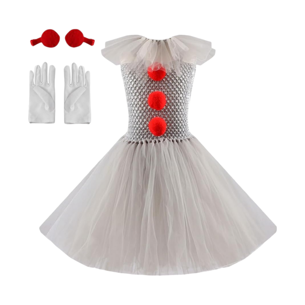 Kids' Halloween Clown Costume and Outfit with Tutu Dress Pom-Poms Collar and Gloves for Party - Image 2