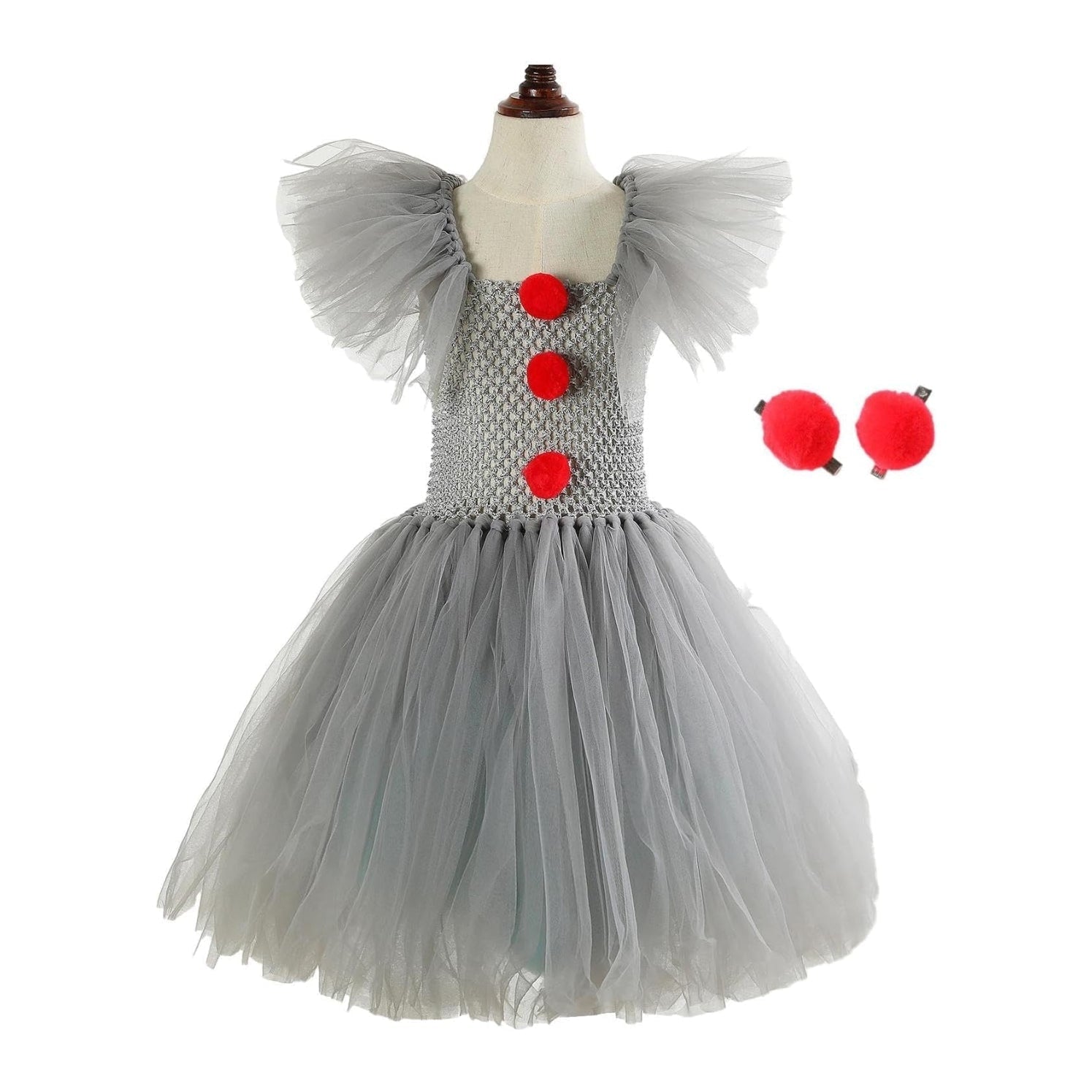 Kids' Halloween Clown Costume and Outfit with Tutu Dress Pom-Poms Collar and Gloves for Party - Image 3
