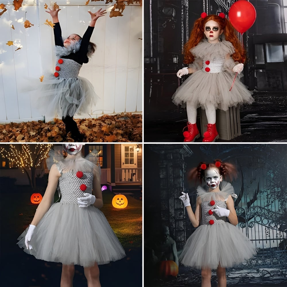 Kids' Halloween Clown Costume and Outfit with Tutu Dress Pom-Poms Collar and Gloves for Party - Image 4