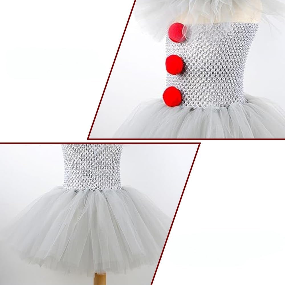 Kids' Halloween Clown Costume and Outfit with Tutu Dress Pom-Poms Collar and Gloves for Party - Image 5